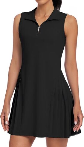 فستان تنس نسائي من Koscacy، فساتين جولف بطيات بدون أكمام مع شورت 1/4 بسحاب وياقة بولو، ملابس رياضية للتمرين in Kuwait