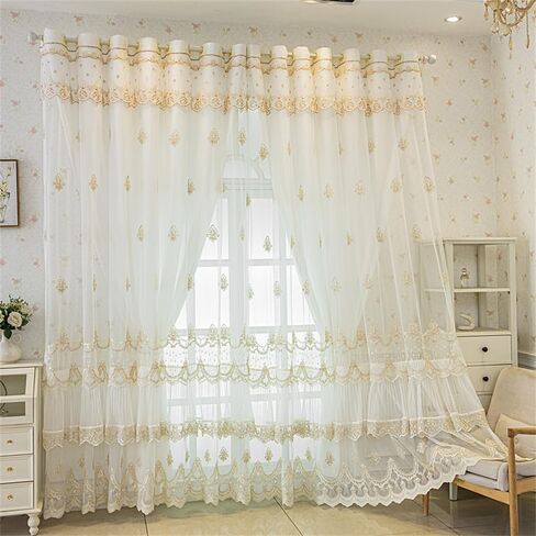 1 لوحة فاخرة طبقة مزدوجة ستائر شفافة لغرفة المعيشة غرفة النوم 3D التطريز مزيج محض مطابقة تول أبيض شفاف لانزلاق الباب 2 ستارة الطبقات مع الستارة جروميت (W52 L84 بوصة، بيج) in Kuwait