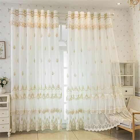1 لوحة فاخرة طبقة مزدوجة ستائر شفافة لغرفة المعيشة غرفة النوم 3D التطريز مزيج محض مطابقة تول أبيض شفاف لانزلاق الباب 2 ستارة الطبقات مع الستارة جروميت (W52 L84 بوصة، بيج) in Kuwait