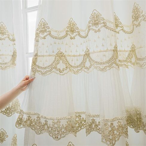 1 لوحة فاخرة طبقة مزدوجة ستائر شفافة لغرفة المعيشة غرفة النوم 3D التطريز مزيج محض مطابقة تول أبيض شفاف لانزلاق الباب 2 ستارة الطبقات مع الستارة جروميت (W52 L84 بوصة، بيج) in Kuwait
