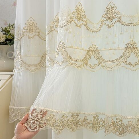 1 لوحة فاخرة طبقة مزدوجة ستائر شفافة لغرفة المعيشة غرفة النوم 3D التطريز مزيج محض مطابقة تول أبيض شفاف لانزلاق الباب 2 ستارة الطبقات مع الستارة جروميت (W52 L84 بوصة، بيج) in Kuwait