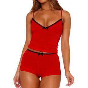 XBTCLXEBCO Sexy Pajama Sets for Women Fitted V Neck Cami Tank Top and Shorts Set Bow Front 2 Piece Sleeveless Pjs Sleepwear in Kuwait