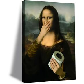 Framed Funny Bathroom Canvas Wall Art Vintage Mona Lisa Wall Decor Humor Toilet Paper Pinching Nose Prints Classical Oil Amusing Prank Posters The World Classic Paintings Reproductions Pictures in Saudi Arabia