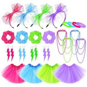 24Pcs 80s Neon Workout Costume Accessories Set Tutu Skirts 90s Headband 1980s Earrings for Women Necklace Silicone Bracelet Scrunchies Neon Outfit 80s Party in Kuwait
