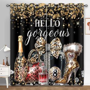 Leopard Print Black Gold Curtains,Cheetah Modern Fashion Bow Champagne 8 Ball Perfume High Heels Blackout Curtain,4284inch Luxury Hello Gorgeous Girly Insulated Drapes 2Panel HI01LC in Saudi Arabia
