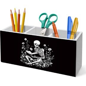 Gothic Skeleton Bookish Pen Holder for Desk Decoration, Witchy Gothic Skull Reading Book Wooden Box Sign Pencil Holder Organizer for Home Office Desk Accessories, Book Lover Gifts in Kuwait
