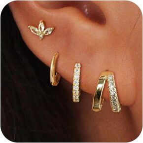 Gold/Silver Hoop Earrings for Women - 14K Plated Stackable Sets for Multiple Piercing, Dainty Cute Huggie Flat Back Stud Jewelry for Gift in Kuwait