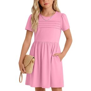 Girls' Short Sleeve Dress A Line Swing Skater Twirl Summer Pleated Front Crewneck Casual with Pockets 5-14 Years in Kuwait
