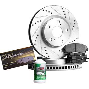 Hart Brakes Front Brake Kit For 2003-2008 Hyundai Tiburon; 2005-2010 Hyundai Sonata, Kia Sportage; 2005-2009 Hyundai Tucson| Drilled and Slotted Brake Rotors| Semi Metallic Brake Pads and Rotors Kit in Kuwait