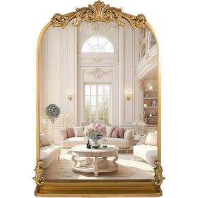 Gold Arched Wall Mirror for Bathroom, with Shelves, 24"x36" Square Craft Designed Metal Frame, Unique Modern Mirror for Over Sink, Bedroom, Living Room, Dresser, Entryway Decor in Kuwait