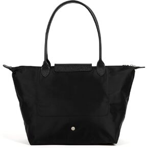Fashionable Women Nylon Tote Bag | Genuine Leather Trimmings | Water Resistant | Foldable | Lightweight | Snap Button | Zip Closure | 2 Flat Inside Pockets (Pure Black) in Saudi Arabia