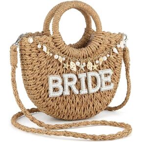 Bride Straw Bag Bride Purse with Shell Pearl Straw Shoulder Bag Handwoven Beach Purses Charms Bridal Shower Gifts Woven Handbag Rattan Purse for Bachelorette Party Wedding Bridesmaids Gifts in Kuwait