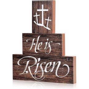 ديكور صينية متدرجة لعيد الفصح من He Is Risen، 3 قطع علامات خشبية مسيحية، زينة عيد الفصح الدينية، هدايا محورية للطاولة للمنزل، رف رف المطبخ، ديكور المزرعة in Kuwait