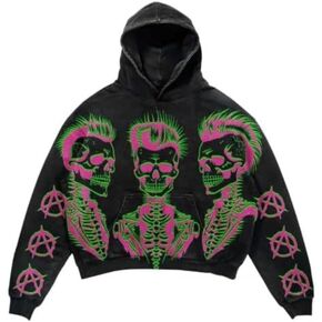 سترة Y2K هيب هوب كلاسيكية بغطاء للرأس، بلوفر رياضي على الموضة مطبوع عليه حروف جمجمة، ملابس هاراجوكو للزوجين in Kuwait