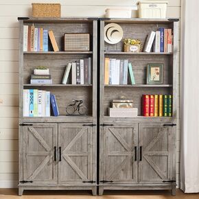 70in Tall Bookshelf 5 Tier Bookcase with Barn Doors and Adjustable Shelves, Blue Farmhouse Book Shelf with Storage Cabinet, Wood Freestanding Display Bookshelves for Bedroom, Living Room | Bookcase, Barn Doors, Adjustable Shelves, Book Shelf, Storage Cabi in Kuwait