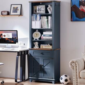 72in Tall Bookshelf 7 Tier Bookcase with Drawer and Barn Doors and Adjustable Shelves, Blue Farmhouse Book Shelf with Storage Cabinet, Wood Freestanding Display Bookshelves for Living Room in Kuwait