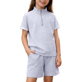 ملابس الفتيات طقم رياضي مكون من قطعتين تي شيرت وشورت بنصف سحاب ومجموعة ملابس صيفية للفتيات المراهقات مقاس 7-14 سنة in Kuwait