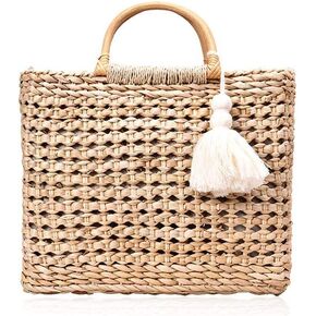 Fashion Women Summer Straw Crossbody Bag with Cute Tassels Pendant, Hand-Woven Beach Shoulder Bag with Top Wooden Handle Tote Bag (Khaki) in Saudi Arabia