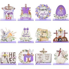 12 Pcs Easter Table Decorations He is Risen Table Centerpiece Religious Christian First Communion Tabletop Signs Wooden Cross Wood Sign Christian Vintage Style Table Centerpiece Easter Ornaments in Kuwait