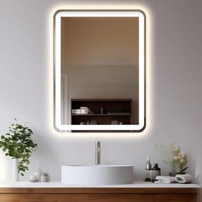 24"x32" LED Bathroom Mirror with Lights, Front and Backlit, Stepless Dimmable, Lighted Mirror for Bathroom Wall, 3 Colors Dimmable Vanity Mirror with Lights, Anti-Fog, Shatter-Proof Glass(Round) in Saudi Arabia
