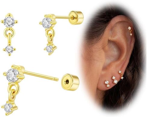 Cartilage Earrings for Women, Push-in Threadless Falt Back Earrings 14K Gold Plated Stud Earrings Dainty Small CZ Pearl Opal Hypoallergenic Surgical Steel Earrings for Helix Piercing (Dangle CZ, Gold) in Kuwait