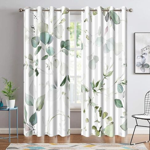 Eucalyptus Leaf Blackout Curtains Abstract Green Watercolor Sage Vine Leaves Botanical Insulated Thermal Drapes for Living Room Bedroom Darkening Curtain 42x63 Inch,2 Panels in Kuwait