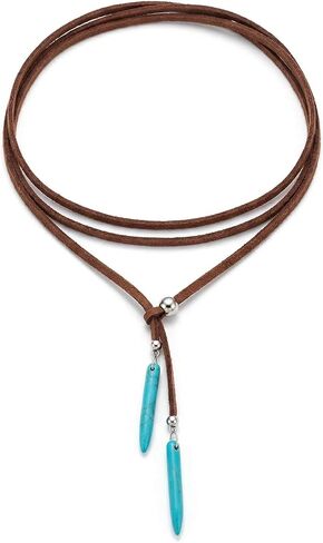 Turquoise Y Necklace, Vintage Lariat Necklace for Women, Boho Turquoise Choker Necklace Feather Pendant with Leather Cord, Handmade Unisex Western Style Jewelry in Kuwait