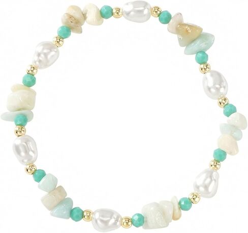Dainty Natural Crystals Beaded Pearl Stretch Bracelet for Women,Handmade Boho Healing Gemstone Gold Plated Beads Trendy Hawaii Jewelry Mom Gift Friendship in Kuwait