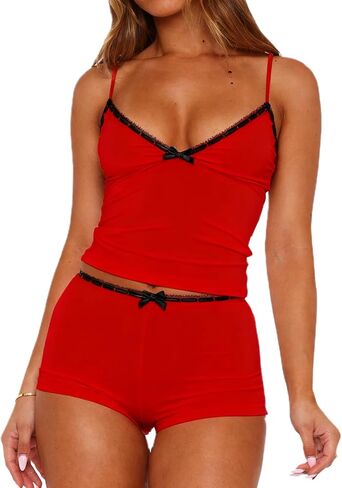 XBTCLXEBCO Sexy Pajama Sets for Women Fitted V Neck Cami Tank Top and Shorts Set Bow Front 2 Piece Sleeveless Pjs Sleepwear in Kuwait