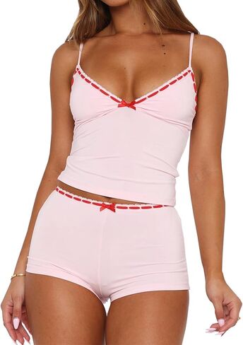 XBTCLXEBCO Sexy Pajama Sets for Women Fitted V Neck Cami Tank Top and Shorts Set Bow Front 2 Piece Sleeveless Pjs Sleepwear in Saudi Arabia