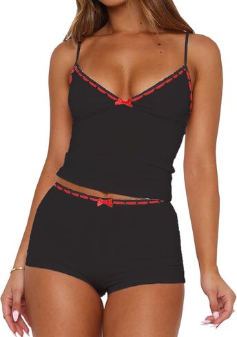 XBTCLXEBCO Sexy Pajama Sets for Women Fitted V Neck Cami Tank Top and Shorts Set Bow Front 2 Piece Sleeveless Pjs Sleepwear in Saudi Arabia