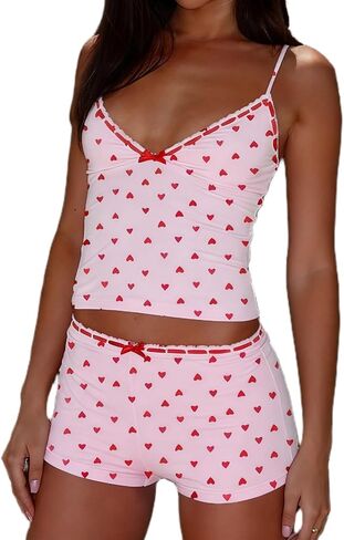 XBTCLXEBCO Sexy Pajama Sets for Women Fitted V Neck Cami Tank Top and Shorts Set Bow Front 2 Piece Sleeveless Pjs Sleepwear in Saudi Arabia