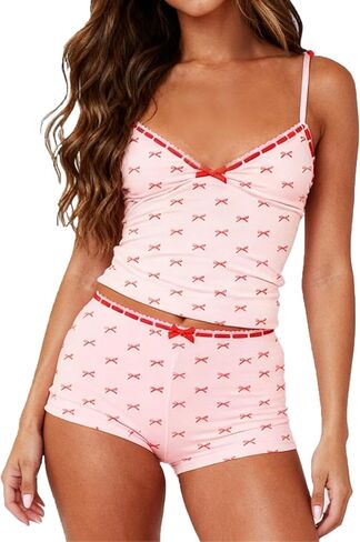XBTCLXEBCO Sexy Pajama Sets for Women Fitted V Neck Cami Tank Top and Shorts Set Bow Front 2 Piece Sleeveless Pjs Sleepwear in Saudi Arabia