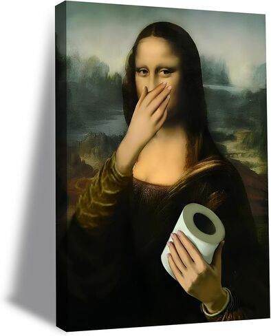 Framed Funny Bathroom Canvas Wall Art Vintage Mona Lisa Wall Decor Humor Toilet Paper Pinching Nose Prints Classical Oil Amusing Prank Posters The World Classic Paintings Reproductions Pictures in Saudi Arabia