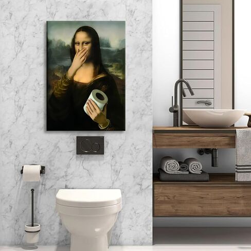 Framed Funny Bathroom Canvas Wall Art Vintage Mona Lisa Wall Decor Humor Toilet Paper Pinching Nose Prints Classical Oil Amusing Prank Posters The World Classic Paintings Reproductions Pictures in Saudi Arabia
