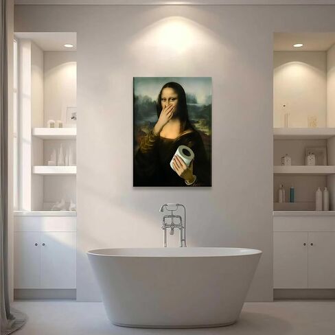 Framed Funny Bathroom Canvas Wall Art Vintage Mona Lisa Wall Decor Humor Toilet Paper Pinching Nose Prints Classical Oil Amusing Prank Posters The World Classic Paintings Reproductions Pictures in Saudi Arabia
