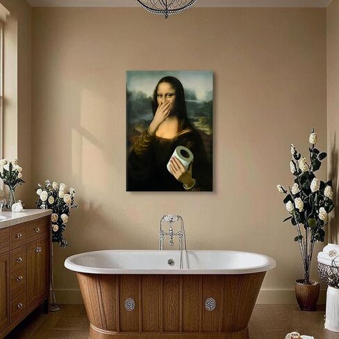 Framed Funny Bathroom Canvas Wall Art Vintage Mona Lisa Wall Decor Humor Toilet Paper Pinching Nose Prints Classical Oil Amusing Prank Posters The World Classic Paintings Reproductions Pictures in Saudi Arabia