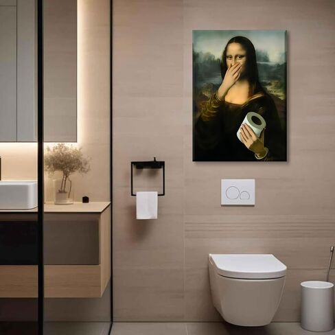 Framed Funny Bathroom Canvas Wall Art Vintage Mona Lisa Wall Decor Humor Toilet Paper Pinching Nose Prints Classical Oil Amusing Prank Posters The World Classic Paintings Reproductions Pictures in Saudi Arabia
