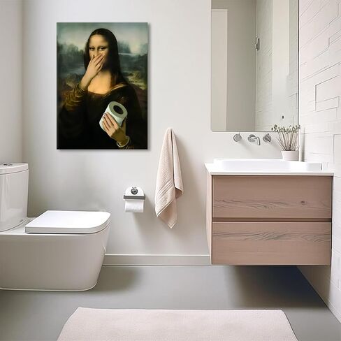 Framed Funny Bathroom Canvas Wall Art Vintage Mona Lisa Wall Decor Humor Toilet Paper Pinching Nose Prints Classical Oil Amusing Prank Posters The World Classic Paintings Reproductions Pictures in Saudi Arabia