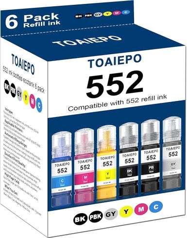 552 زجاجات إعادة تعبئة الحبر بديلة لزجاجات الحبر Epson T552 التي تعمل مع ET-8550 ET-8500 ET8550 ET8500 8550 8500، 6 عبوات (صبغة سوداء، صبغة ملونة) in Kuwait