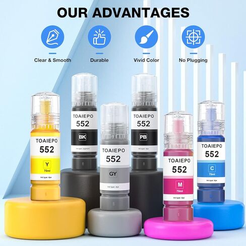 552 زجاجات إعادة تعبئة الحبر بديلة لزجاجات الحبر Epson T552 التي تعمل مع ET-8550 ET-8500 ET8550 ET8500 8550 8500، 6 عبوات (صبغة سوداء، صبغة ملونة) in Kuwait