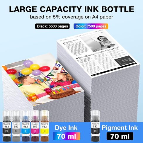 552 زجاجات إعادة تعبئة الحبر بديلة لزجاجات الحبر Epson T552 التي تعمل مع ET-8550 ET-8500 ET8550 ET8500 8550 8500، 6 عبوات (صبغة سوداء، صبغة ملونة) in Kuwait