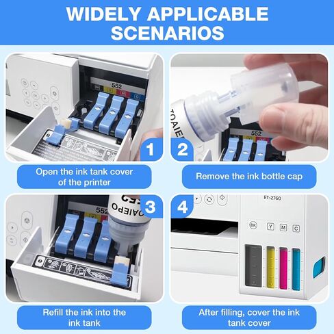 552 زجاجات إعادة تعبئة الحبر بديلة لزجاجات الحبر Epson T552 التي تعمل مع ET-8550 ET-8500 ET8550 ET8500 8550 8500، 6 عبوات (صبغة سوداء، صبغة ملونة) in Kuwait