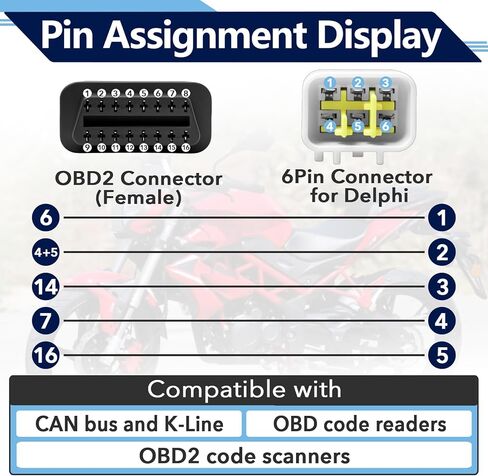 2Pcs OBDII 6Pin to 16Pin Diagnostic Cable for Delphi, Motorcycle 6 Pin to 16Pin Adapter OBD2 Connector for Delphi and Suzuki in Kuwait