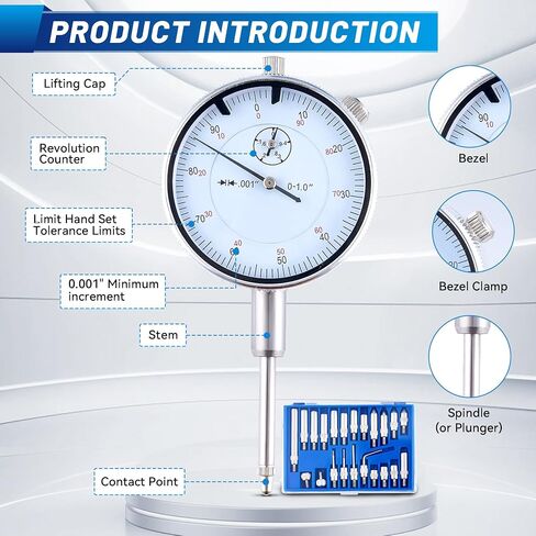 Dial Indicator with Magnetic Base and Point Precision Inspection Set, Professional 0-1.0" Dial Indicator, Fine Adjustable Long Arm, 0.001" Precision in Kuwait