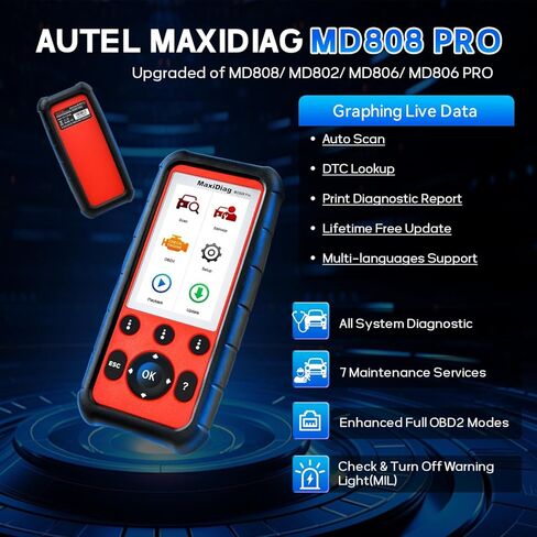 الماسح الضوئي Autel MaxiDiag MD808 PRO Obd2، ترقية MD806/MD805/MD802 أداة المسح التشخيصي للنظام بالكامل، 7 خدمات قراءة/مسح الرموز، بحث DTC، إعادة ضبط البطارية، تحديث مجاني مدى الحياة in Saudi Arabia