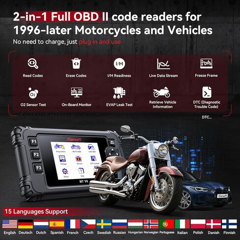 iCarsoft MT V6 لأداة تشخيص النظام الكامل للدراجات النارية الهندية والدراجة النارية والسيارة 2 في 1، قارئ رمز المحرك الماسح الضوئي obd2 مع 33+ اختبار نشط للمحرك، AutoVIN، اختبار البطارية، تحديث مجاني مدى الحياة in Saudi Arabia