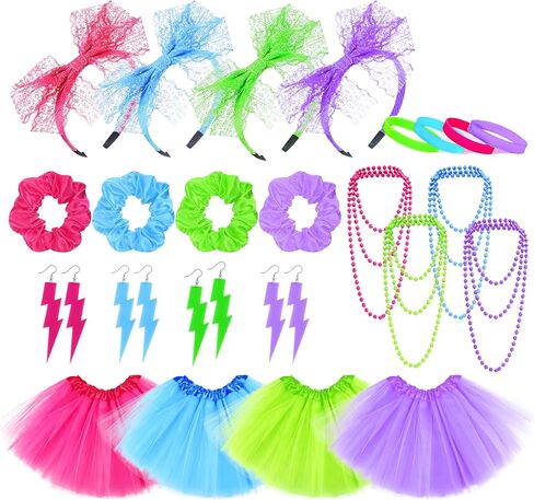 24Pcs 80s Neon Workout Costume Accessories Set Tutu Skirts 90s Headband 1980s Earrings for Women Necklace Silicone Bracelet Scrunchies Neon Outfit 80s Party in Kuwait