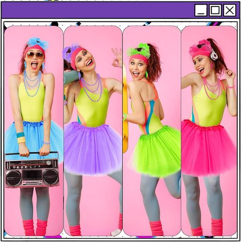 24Pcs 80s Neon Workout Costume Accessories Set Tutu Skirts 90s Headband 1980s Earrings for Women Necklace Silicone Bracelet Scrunchies Neon Outfit 80s Party in Kuwait