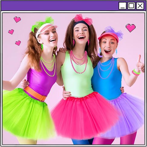 24Pcs 80s Neon Workout Costume Accessories Set Tutu Skirts 90s Headband 1980s Earrings for Women Necklace Silicone Bracelet Scrunchies Neon Outfit 80s Party in Kuwait